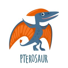 Dinosaur. Vector colorful flat illustration isolated on white. Lettering pterosaur.