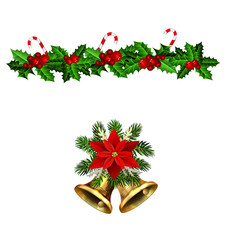 Christmas decorations with fir tree golden jingle bells