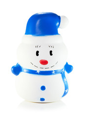 white snowman in a blue hat and a blue scarf on a white background