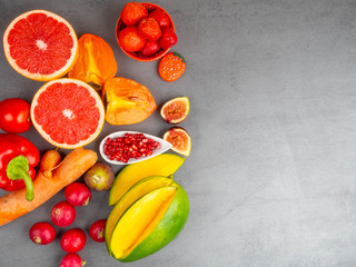 fresh red, orange, yellow fruit and vegetables rich in antioxidants, fiber, alfa carotene, lycopene, beta carotene, carotenoid, lutein, phosphorus, calcium, vitamin c.