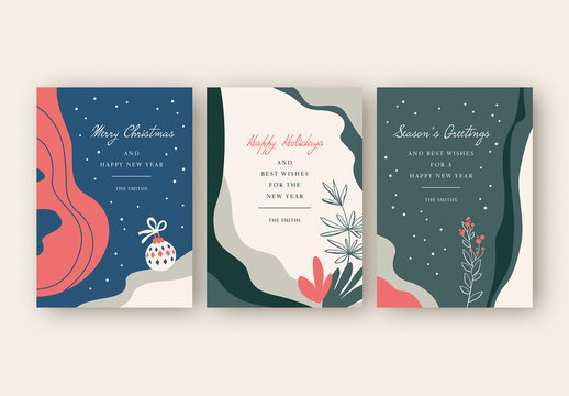 Holiday Card Layout Set with Minimalist Illustrations
