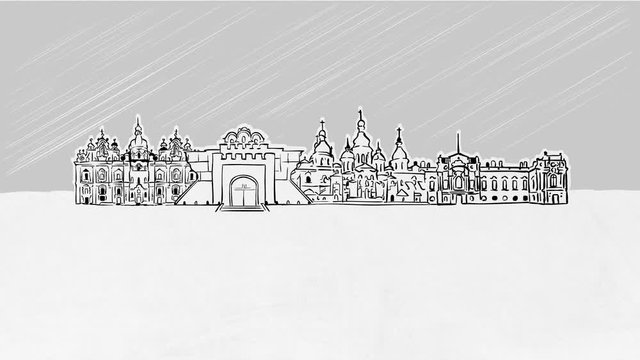 Kyiv, Ukraine, Panorama Sketch Selfdrawing Lines