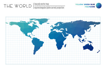 Polygonal map of the world. Equirectangular (plate carree) projection of the world. Yellow Green Blue colored polygons. Beautiful vector illustration.