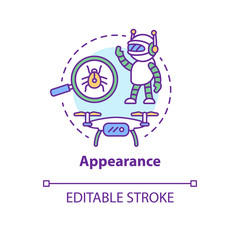 Appearance concept icon. Robots and electronic devices idea thin line illustration. Modern gadgets, creations. Innovative, futuristic design. Vector isolated outline drawing. Editable stroke