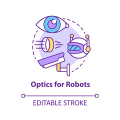 Optics for robots concept icon. Robotic lenses idea thin line illustration. Innovative cctv cameras. Special futuristic glass for electronics. Vector isolated outline drawing. Editable stroke..