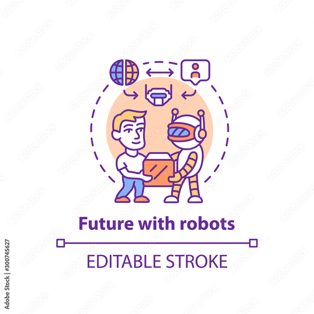 Poster future with robots concept icon. robotics in society idea thin line illustration. interaction with i