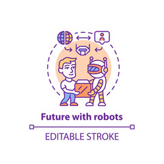 Future with robots concept icon. Robotics in society idea thin line illustration. Interaction with innovative technologies. Contemporary delivery. Vector isolated outline drawing. Editable stroke..