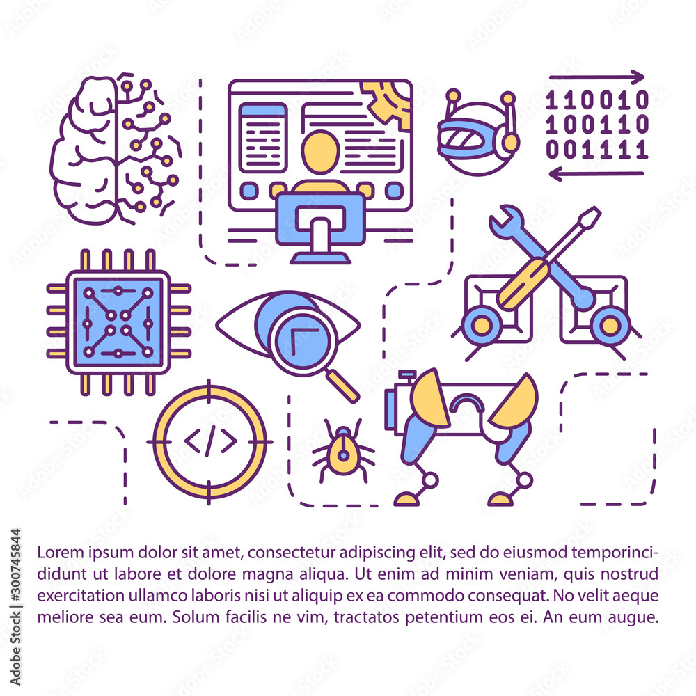 Poster machine learning article page vector template. futuristic technology, robot modelling, electronics. 