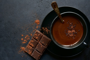 Homemade hot chocolate with winter spices. Top view with copy space.