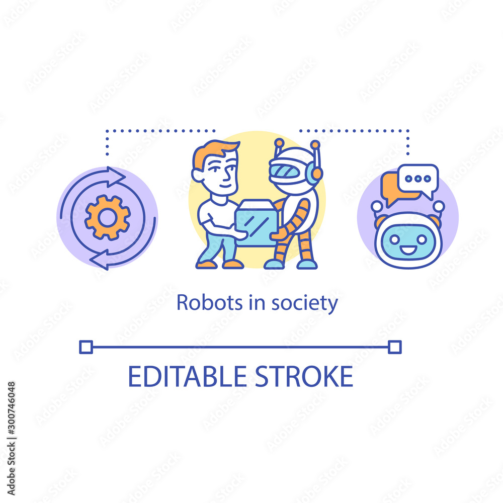 Poster robots in society concept icon. electronic helper. social impact of robotic technologies. technologi