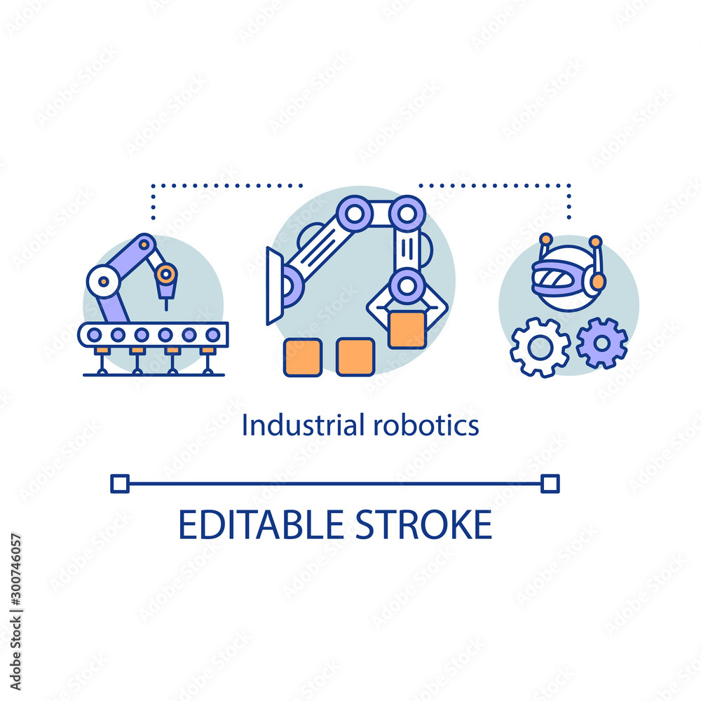 Poster industrial robotics concept icon. rpa. artificial intelligence in production. robot manipulator and 
