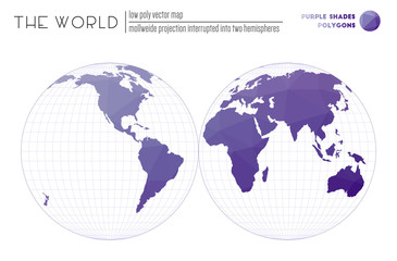 World map with vibrant triangles. Mollweide projection interrupted into two hemispheres of the world. Purple shades colored polygons. Amazing vector illustration.