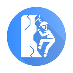 Ice climbing blue flat design long shadow glyph icon. Winter extreme sport, risky activity and adventure. Cold season outdoor leisure, dangerous hobby. Mountaineering. Vector silhouette illustration