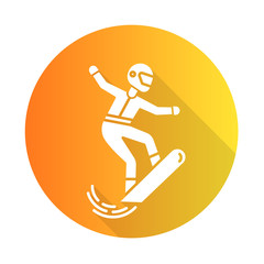 Snowboarding orange flat design long shadow glyph icon. Winter extreme sport, risky activity and adventure. Cold season outdoor dangerous leisure and hobby. Snowboarder. Vector silhouette illustration