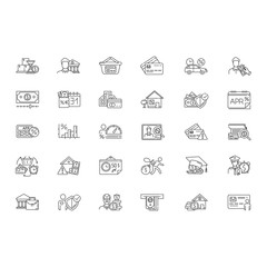 Credit linear icons set. Student loan. Borrowing from Retirement. Creditworthiness. Heavy debt. Home equity loan. Thin line contour symbols. Isolated vector outline illustrations. Editable stroke