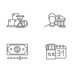 Credit linear icons set. Monthly icome increase report. Personal loan. Credit manager. Budget chart. Cash advance. Thin line contour symbols. Isolated vector outline illustrations. Editable stroke