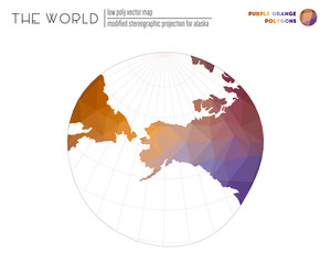 Polygonal world map. Modified stereographic projection for Alaska of the world. Purple Orange colored polygons. Stylish vector illustration.