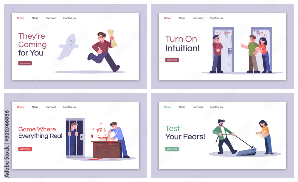Aufkleber escape room landing page vector templates set. turn on intuition, website interface idea with flat i