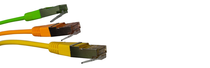 Banner, Macro Shot of 3 network or patch cable, isolated on white.