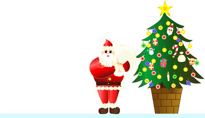 サンタクロースとクリスマスツリー　白背景