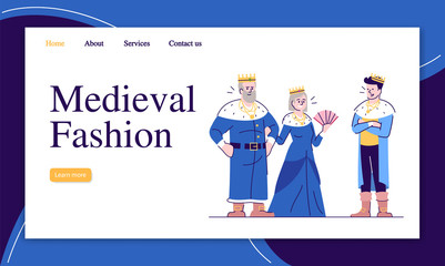 Medieval fashion landing page vector template. Middle Ages clothing trends website interface idea with flat illustrations. Ancient history homepage layout. Web banner, webpage cartoon concept