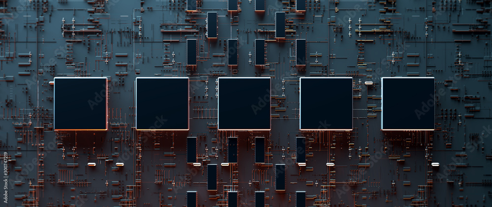 Leinwandbilder Printed circuit board futuristic server/Circuit board futuristic server code processing. Orange,  green, blue technology background with bokeh. 3d rendering