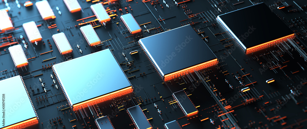 Poster Printed circuit board futuristic server. Circuit board futuristic server code processing. Orange,  green, blue technology background with bokeh. 3d Render.