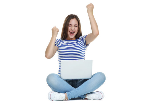 Young Girl With Laptop Computer Sitting On White Background