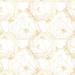 Seamless geometric pattern on white background with paint splashes. Abstract gold polygonal geometric shapes / crystals, golden glitter triangles, geometric, diamond shapes.