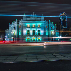 Light trails of passing cars in front of Yekaterinburg Academic Opera and Ballet Theatre