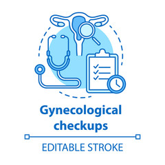 Gynecological checkups concept icon. Medical screening idea thin line illustration. Reproductive system examining. Women healthcare. Doctor equipment. Vector isolated outline drawing. Editable stroke