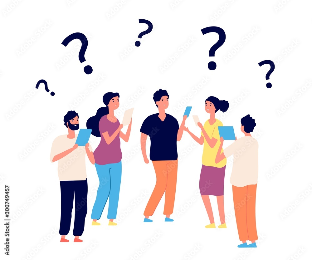 Poster finding solution. thinking people, teamwork. vector persons think with question marks. question prob