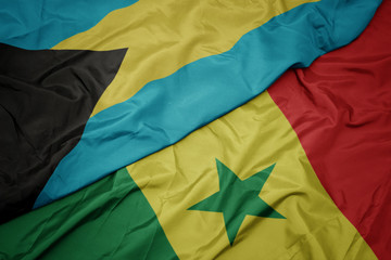 waving colorful flag of senegal and national flag of bahamas.