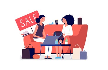 Woman shopping. Girls discuss purchases. Sale, discount flat vector concept. Two women on sofa with coffee, wears, shopping bags and laptop. Woman meeting conversation about shopping illustration
