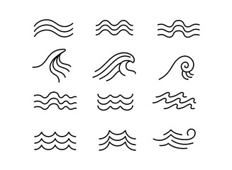 Obraz premium Line sea wave. Ocean water wavy elements, splashing blue storm waves isolated vector set. Sea storm water, ocean wave swirl, curve flow illustration