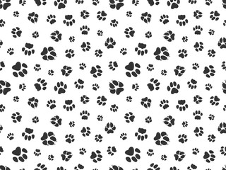 Pet paw pattern. Animal background with god cat paws. Pet steps seamless texture. Seamless footstep pattern, pet paw, animal dog and cat illustration - obrazy, fototapety, plakaty