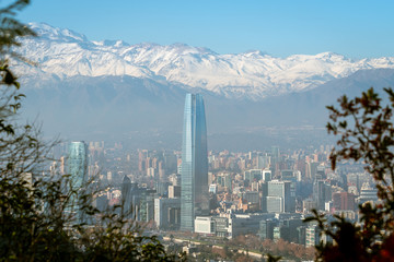 Aerial view of Santiago, Chile, with skyscrapers and the Andes
