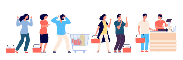 Angry people queue. Dissatisfied and tired customers standing in supermarket line, scream and swear by purchasing. Vector concept. Illustration people queue angry, customer hysteria