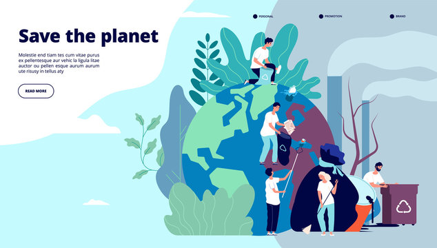 Ecology landing page. Characters cleaning trash earth surface, environmental protection recycling and ecology, website vector design. Illustration recycle environmental, planet world ecology