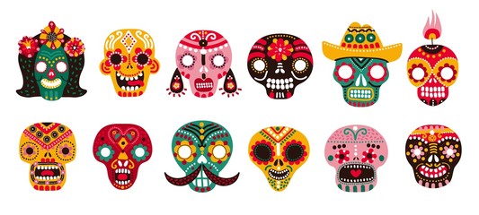 Dead day skulls. Mexican sugar human head bones halloween tattoo dia de los muertos vector set. Illustration death head, halloween human head, mexico pattern colorful