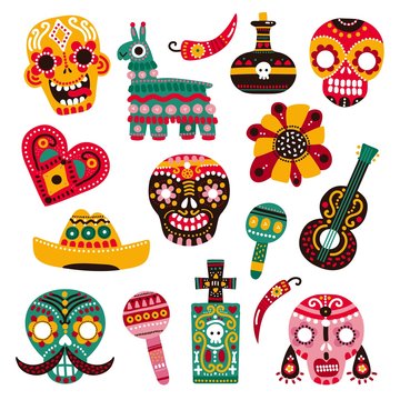Day of dead. Decorative skulls, guitar and sombrero, llama and hot pepper, heart and grave. Mexican dia de los muertos vector set. Illustration mexican skull, mexico festival holiday