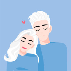 Love couple in relax time on a blue background. Valentine's Day cartoon character and abstract design vector