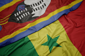 waving colorful flag of senegal and national flag of swaziland.