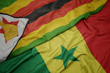 waving colorful flag of senegal and national flag of zimbabwe.