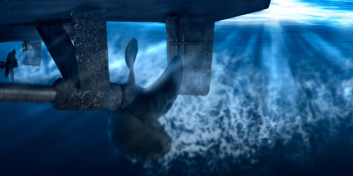 Propeller and rudder of big ship underway from underwater. Close up image detail of ship. Transportation industry. Freight transportation.