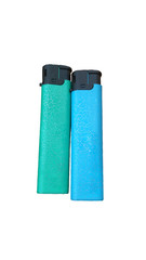 Two green and blue lighters isolated on a white background