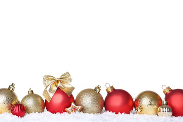 Christmas balls with snow on white background
