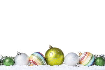 Colorful christmas balls with fir tree branches on white background