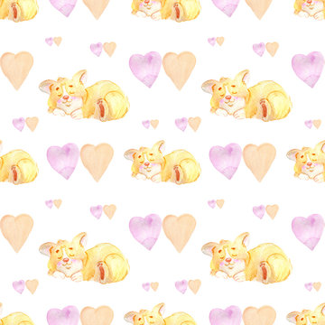 Watercolor seamless pattern with image of a Funny cartoon pugs puppies. Cute pattern with dog breed welsh corgi on a white background with hearts. It can be used for packaging, wrapping paper, textile
