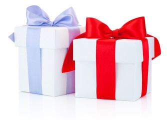 Two white gift boxes tied red and blue ribbon bow Isolated on white background